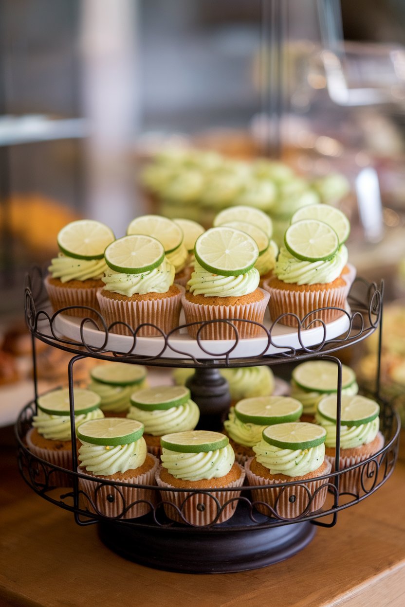 An indoor bakery rack with lime cupcakes topped with basil-flecked buttercream and thin lime wheels, no text or logos. Photo only.