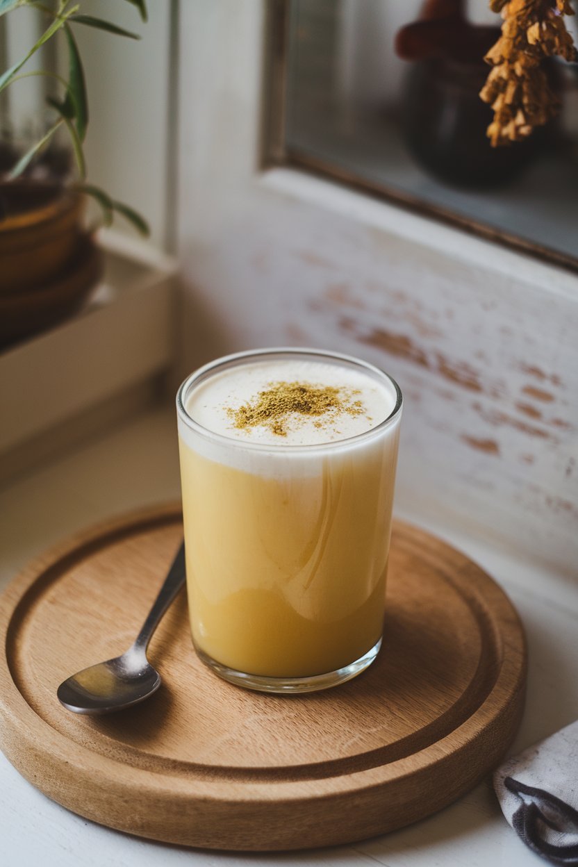 An indoor breakfast nook showing a chilled glass of thick mango lassi with a sprinkle of ground cardamom on the foam. No text or logos visible. Photo.