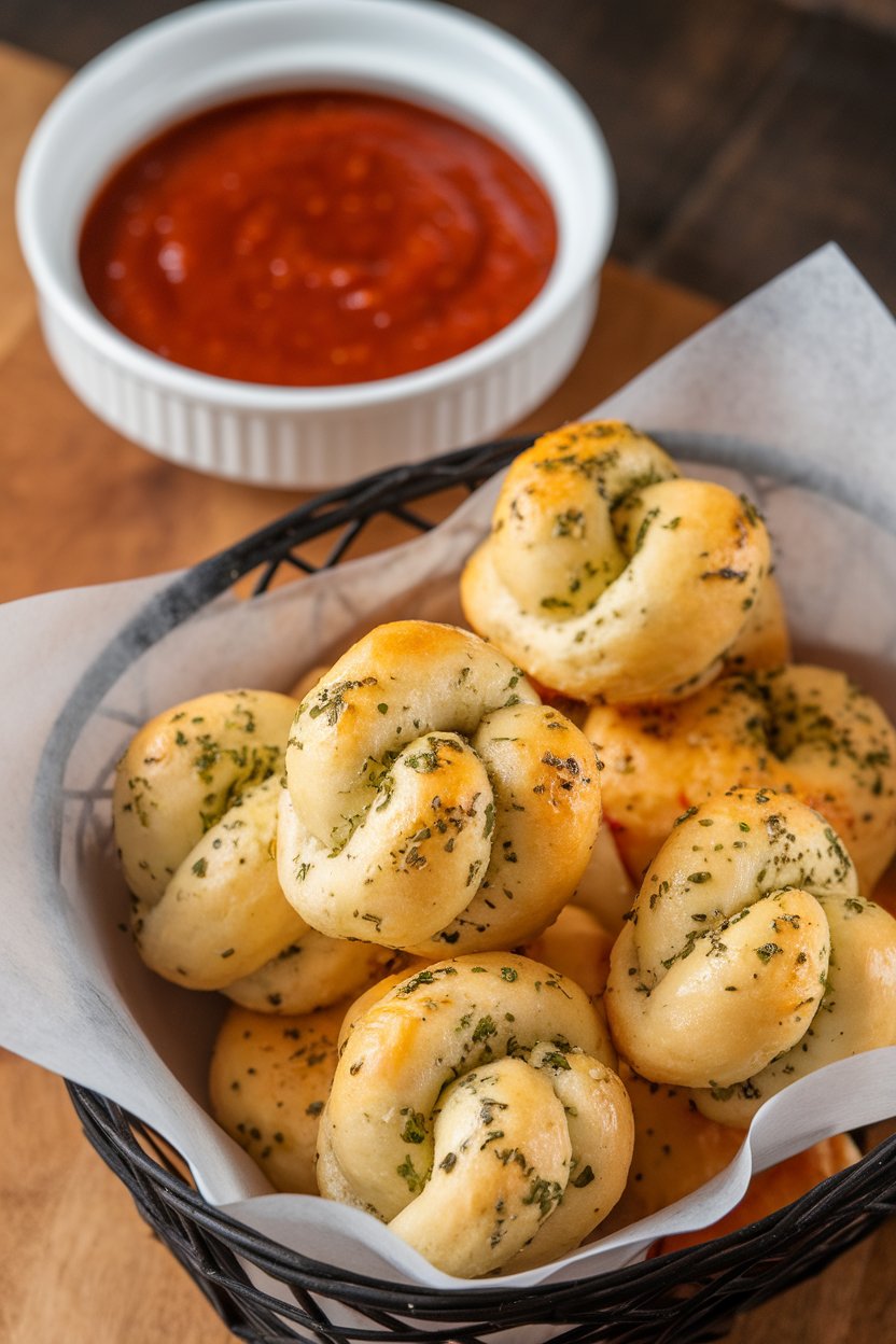 Indoor photo of basket filled with golden garlic knots brushed with herb butter, a bowl of warm marinara nearby; no text or logos
