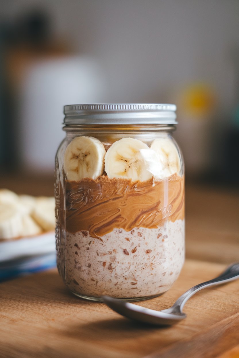 Photo indoors of a mason jar layered with cocoa overnight oats, peanut butter swirl, and banana coins, no logos.