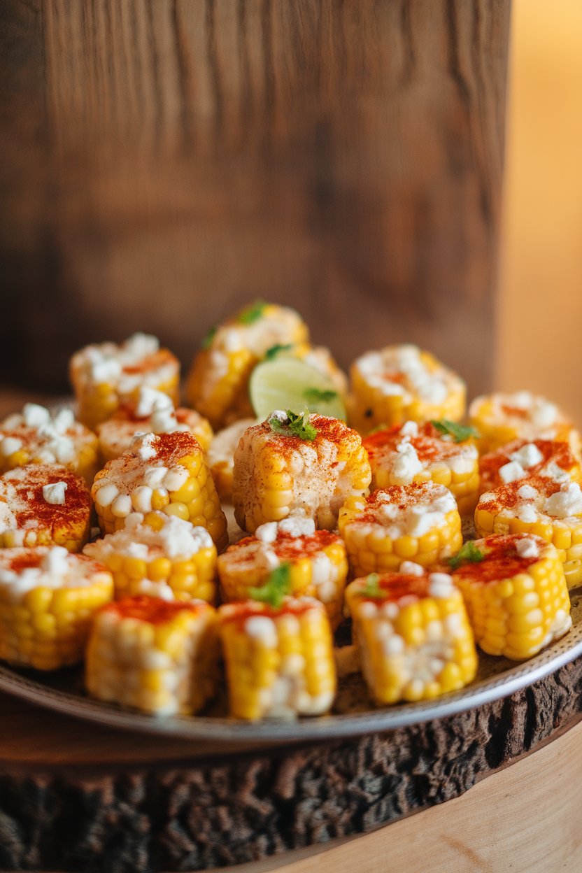 Indoor photo of small corn cob halves sprinkled with chili powder, lime zest, and queso fresco on a platter. No text or logos.