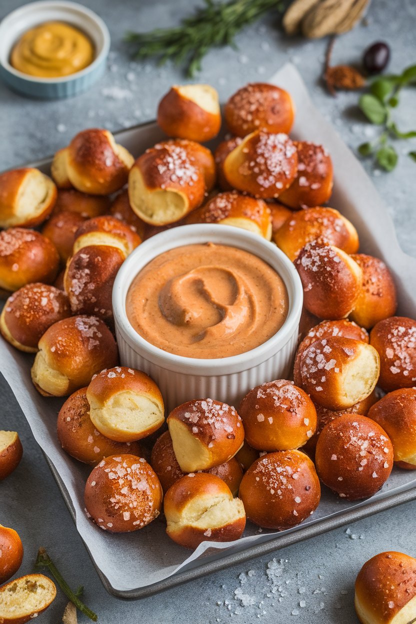 Photo prompt: Indoor tray of soft pretzel bites sprinkled with coarse salt, ramekin of vegan beer cheese dip in center. No text or logos. Photo, not illustration.