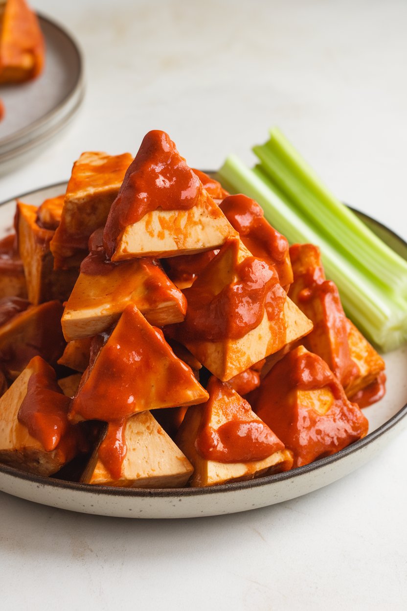 Photo prompt: Indoor plate piled with triangular tofu “drumettes” coated in sticky buffalo sauce, side of celery sticks. No logos or text. Photo, not illustration.