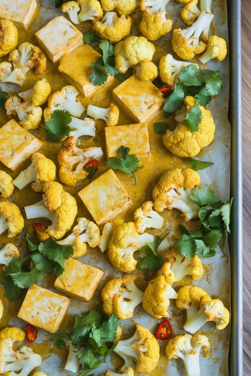 Indoor scene showing tofu cubes and cauliflower florets coated in yellow coconut curry sauce on a sheet pan, cilantro garnish. No text or logos.