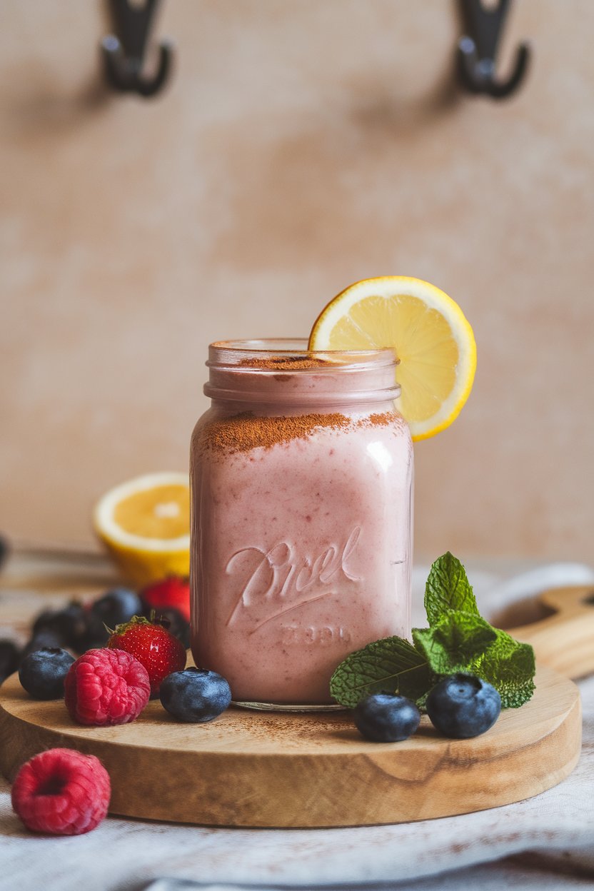 Indoor photo of a frosty pink smoothie in a mason jar with a lemon slice on the rim, no text or logos