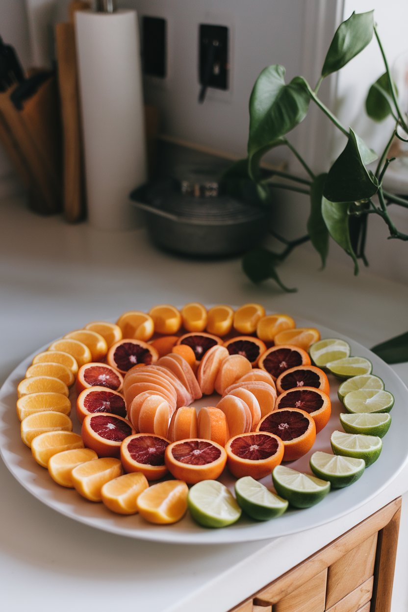 An indoor kitchen counter displaying peeled satsuma segments, blood orange slices, and lime wedges arranged artfully in concentric circles on a white platter. No text or logos visible.
