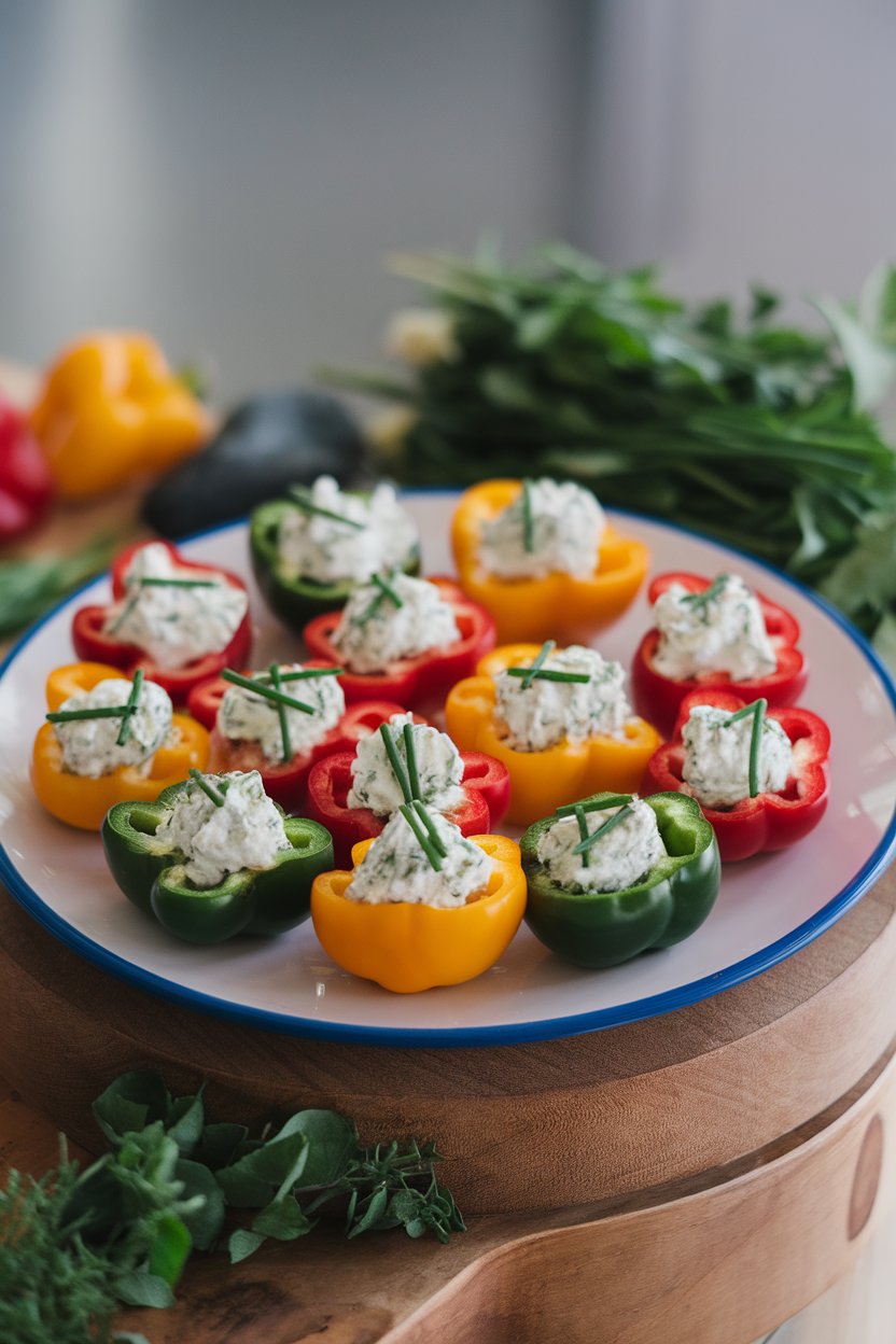 Indoor platter with colorful mini bell peppers halved and filled with herbed cream cheese, sprinkled with chives. No text or logos.
