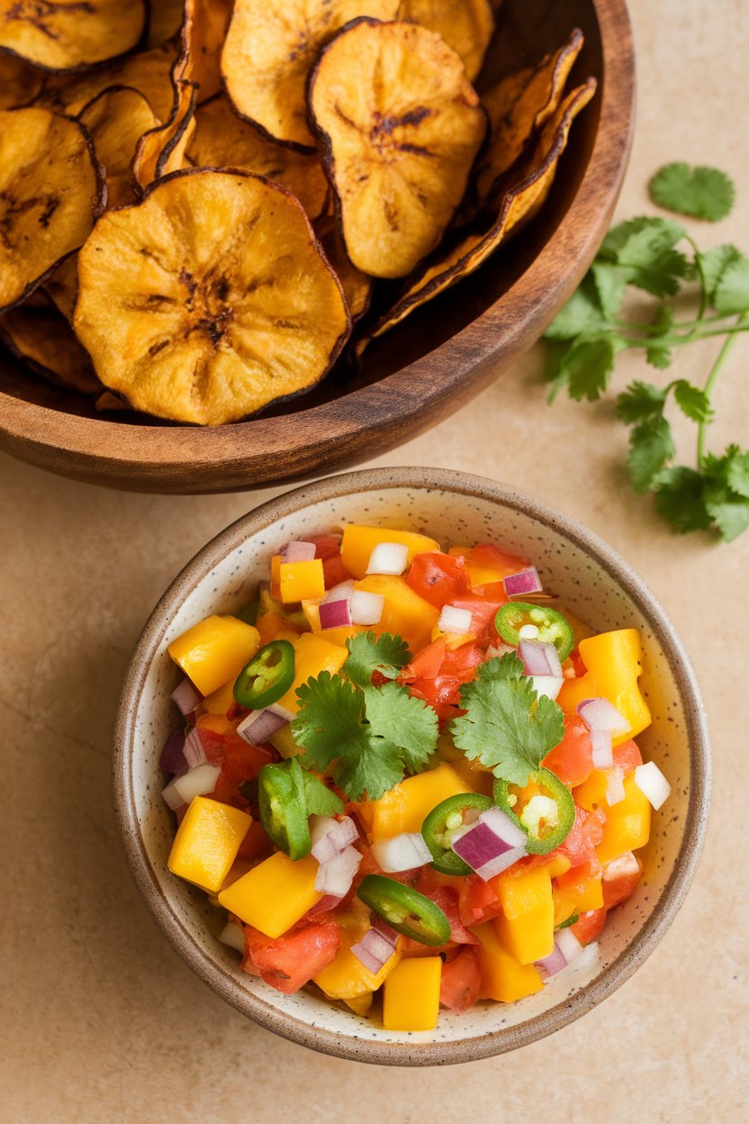 An indoor bowl of colorful mango salsa next to a wooden bowl of plantain chips, no text or logos.