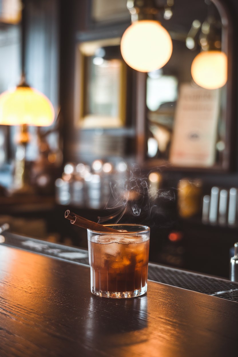 Indoor dark-wood bar with a rocks glass of earthy brown cocktail, burning cinnamon stick smoking slightly, no text or logos, photo
