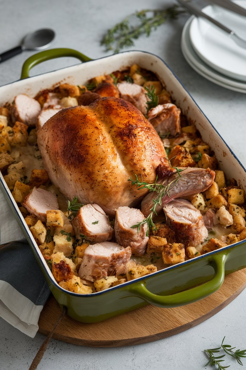 Indoor photo of cubed roasted turkey, stuffing, and gravy baked together with a golden top in a casserole dish. No logos present.