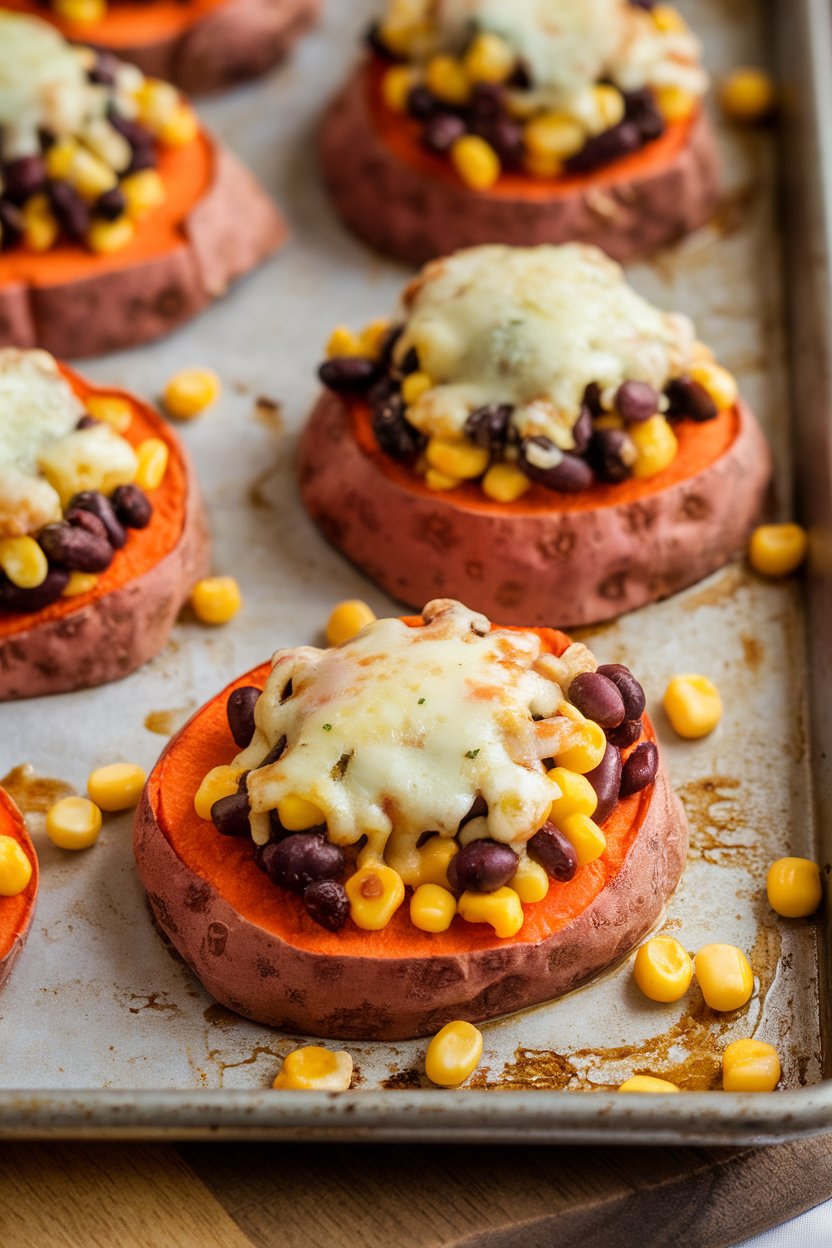 Indoor photo of roasted sweet potato rounds topped with black beans, corn, and melted pepper jack on a sheet pan; no logos