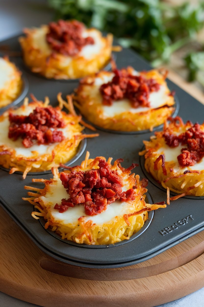 Indoor muffin tin with golden hash brown nests holding melted cheese and browned chorizo crumbles. No text or logos.