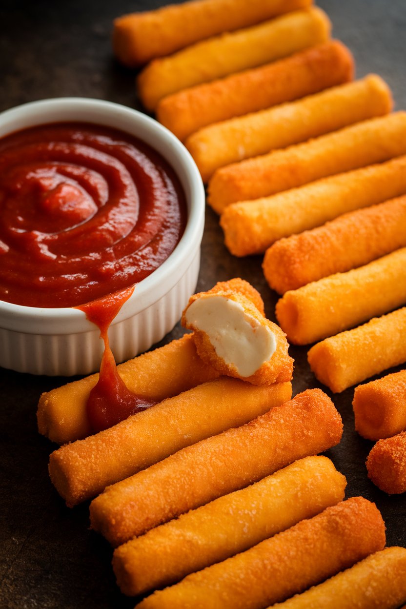 Indoor photo of golden mozzarella sticks arranged beside a bowl of warm marinara sauce, cheese stretching from one broken stick. No logos present.