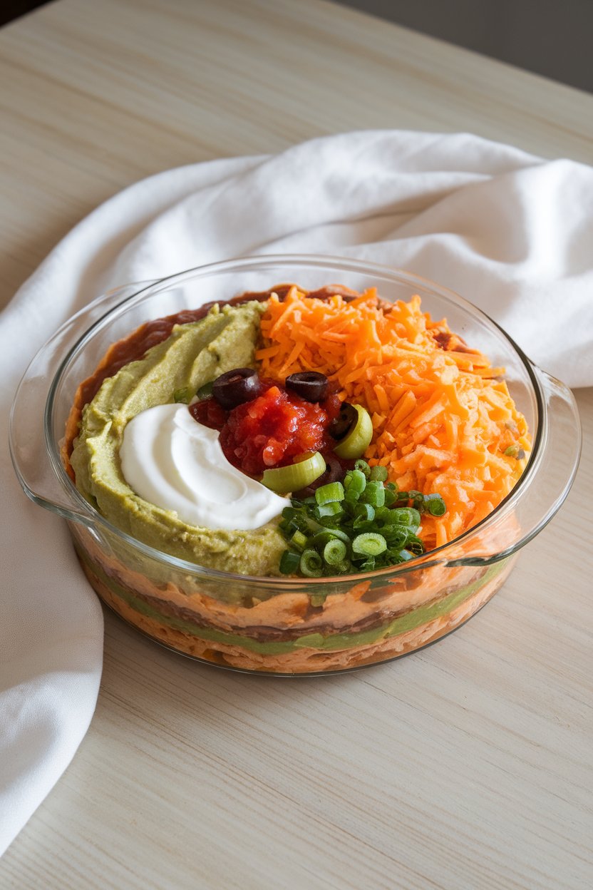Indoor coffee table featuring a clear glass dish showing colorful layers of refried beans, guacamole, sour cream, salsa, shredded cheese, olives, and green onions. No text or logos.