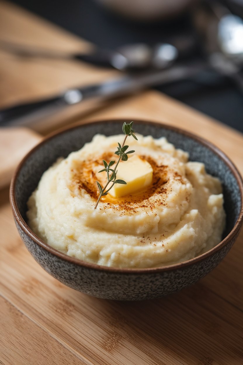 Indoor photo of creamy white parsnip mash in a bowl with browned butter drizzled on top, thyme sprig garnish, no text or logos