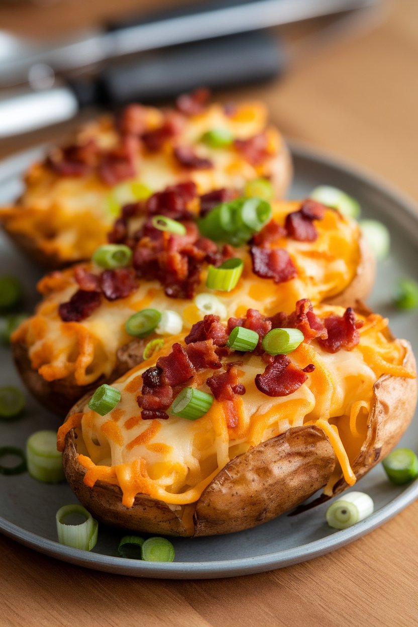 Indoor photo of crispy potato skins piled with melted cheese, bacon bits, and green onions on a platter. No text or logos.