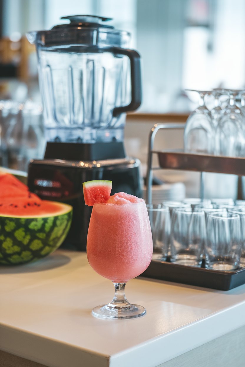 An indoor blender-station scene with frosty stemless glass of slushy pink frosé, watermelon cube garnish; photo, not illustration; no text or logos.