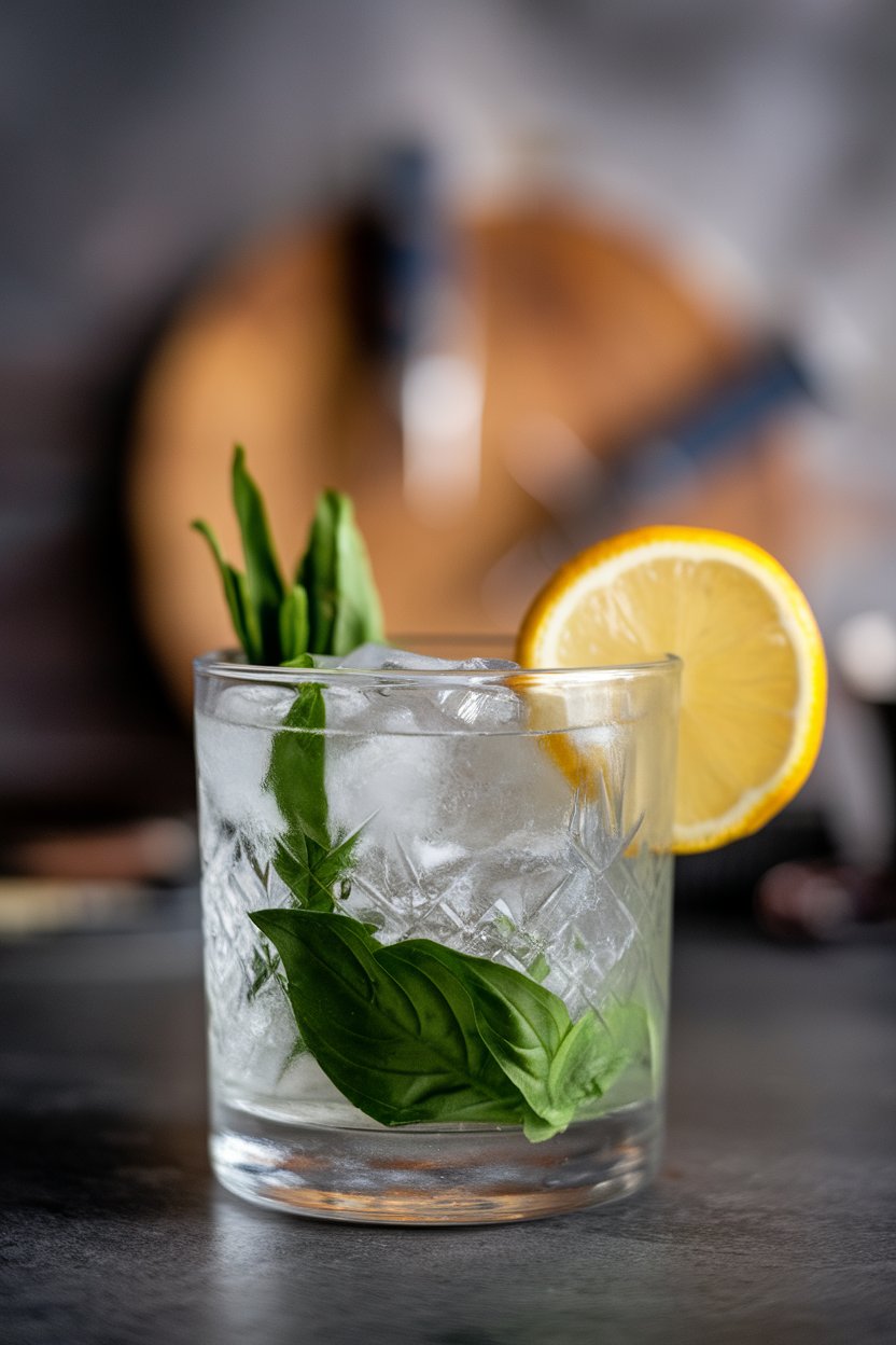 Indoor bar close-up of a rocks glass packed with crushed ice, emerald green Thai basil leaves, and clear gin drink; photo, no logos.