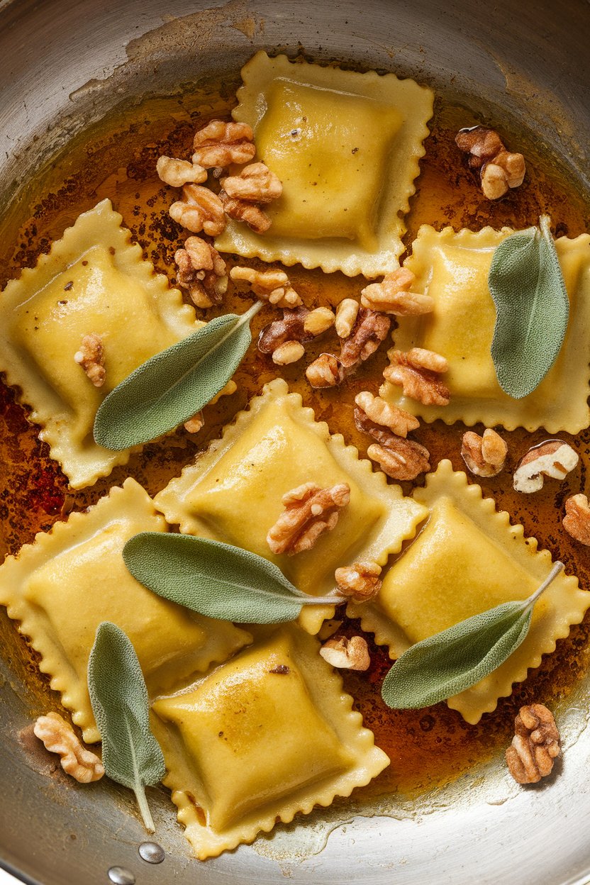 Indoor photo of orange-hued ravioli tossed in sizzling brown butter with whole sage leaves, scattered toasted walnuts on top, no text or logos