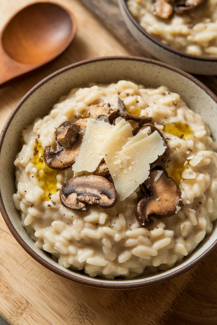 Indoor photo of a creamy bowl of mushroom risotto garnished with shaved Parmesan and a drizzle of truffle oil, wooden spoon alongside, no text or logos