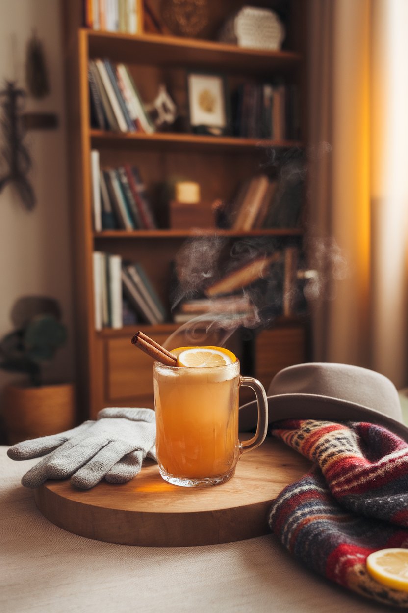 Indoor cozy setting with a clear mug of steaming apple cider topped with a cinnamon stick and lemon wheel, no text.