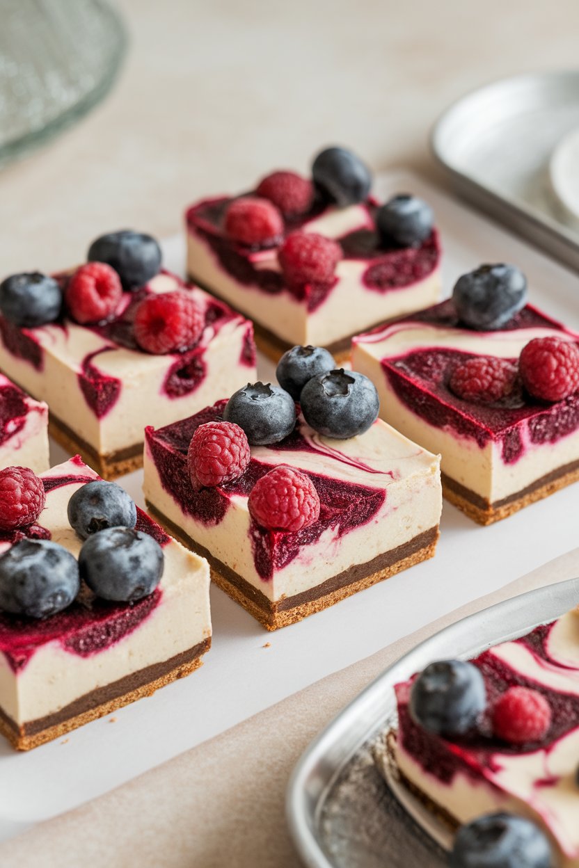 Photo prompt: Indoor dessert tray of square vegan cheesecake bars with berry swirl on top and cookie crust visible. No logos or text. Photo, not illustration.