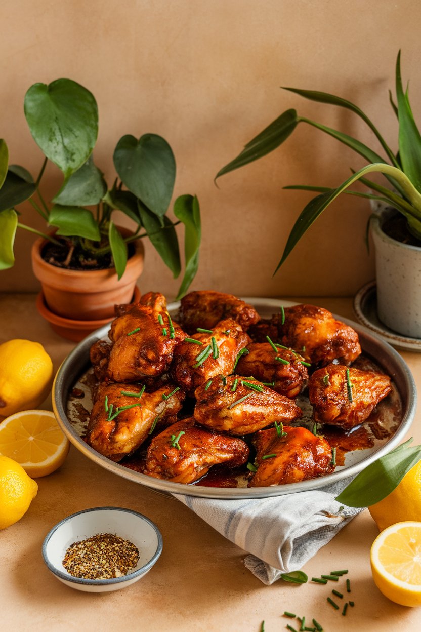 An indoor serving table featuring a rimmed sheet pan filled with cooked chicken wings coated in a sticky bourbon glaze, sprinkled with chopped chives. No text or logos visible.