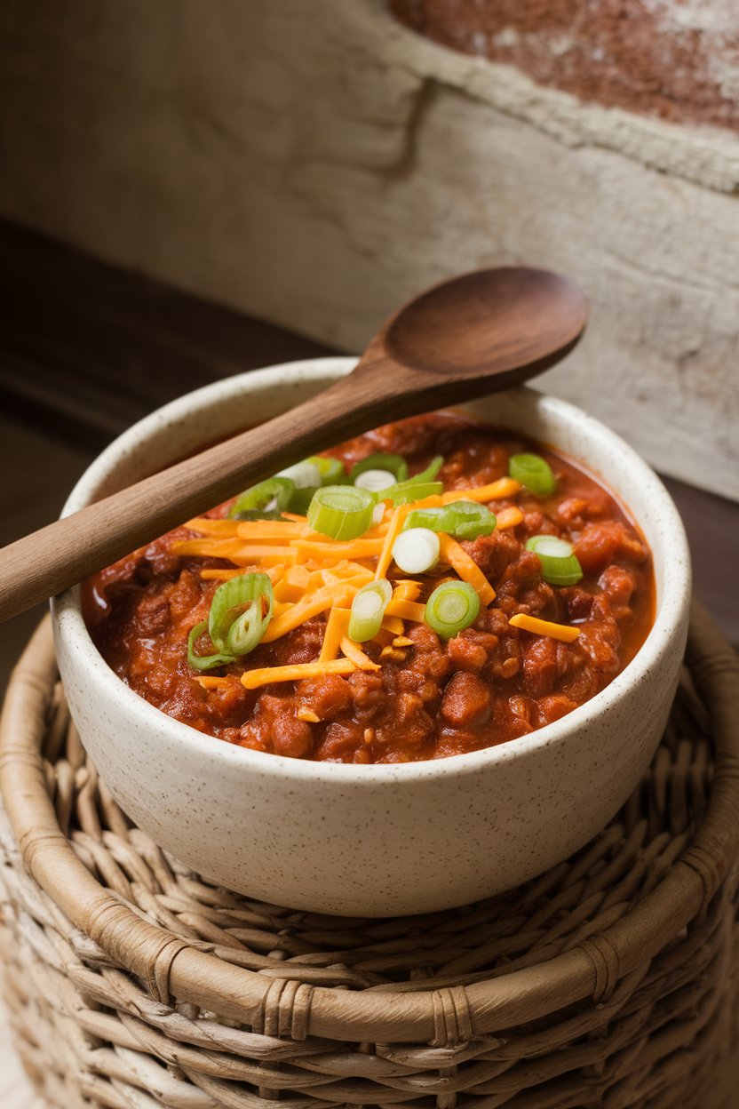 Indoor photo of a stoneware bowl filled with hearty beef chili topped with shredded cheddar and sliced green onions, a spoon resting on the side. No text or logos.