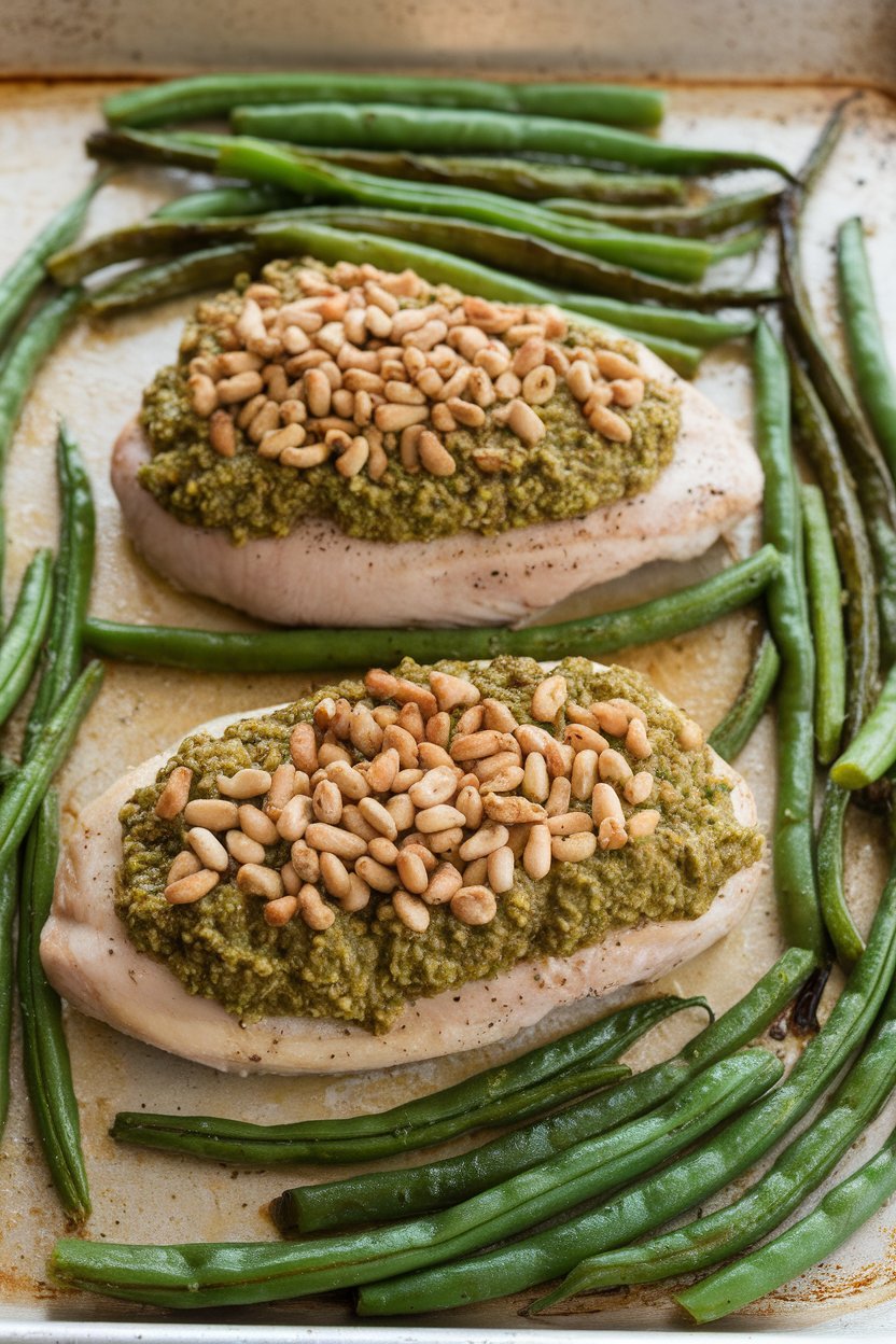 Indoor photo of chicken breasts topped with homemade pine-nut pesto, roasted green beans arranged around on a sheet pan. No text or logos.