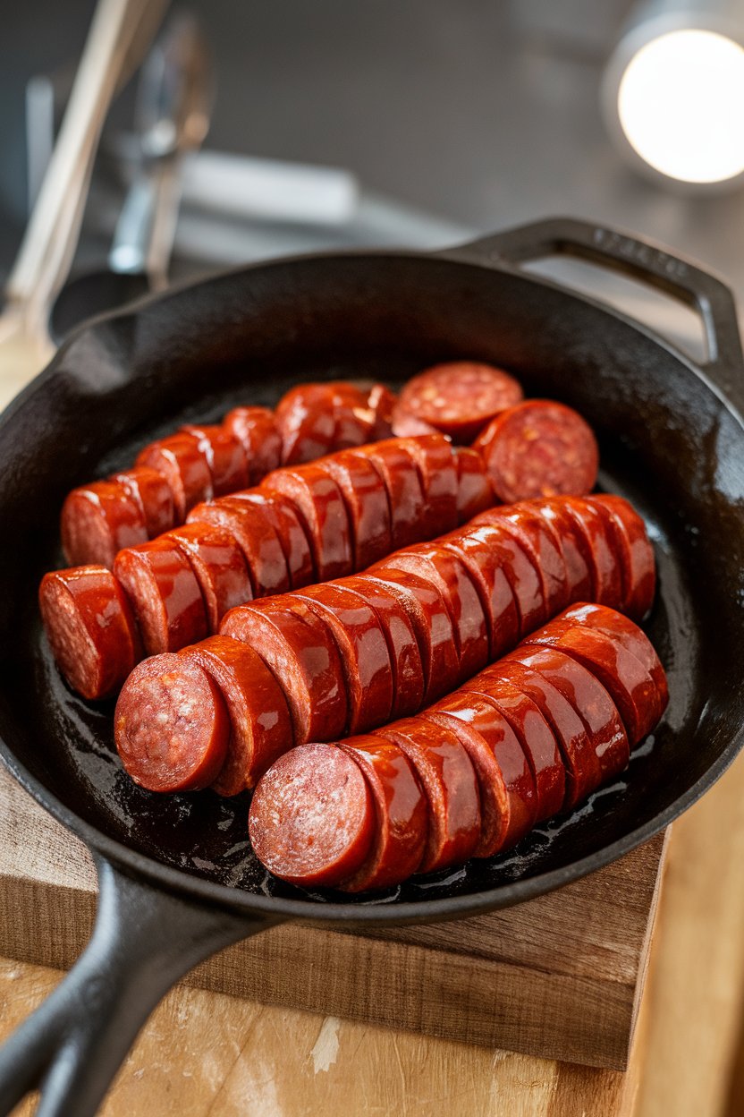 Indoor photo of sliced kielbasa rounds coated in glossy bourbon-brown sugar glaze in a small cast-iron pan. No text or logos.