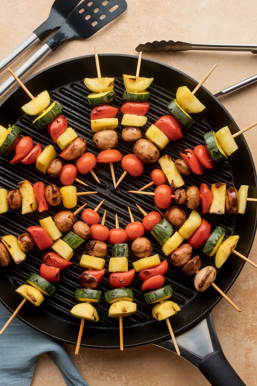 Indoor grill pan holding colorful skewers of bell pepper, zucchini, pineapple, and mushroom glazed in teriyaki. No text or logos. Photo.