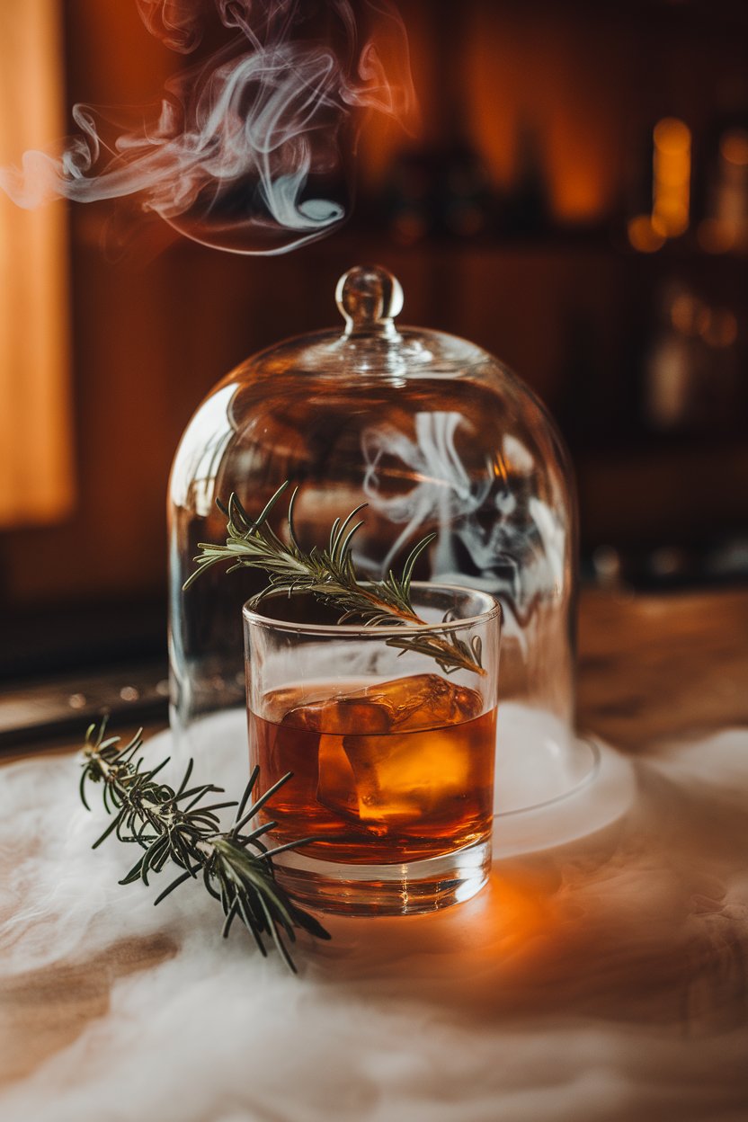 Photo of a rocks glass indoors with amber cocktail beneath a glass dome filled with rosemary smoke, branch laid alongside, dim whiskey-bar lighting, no text or logos