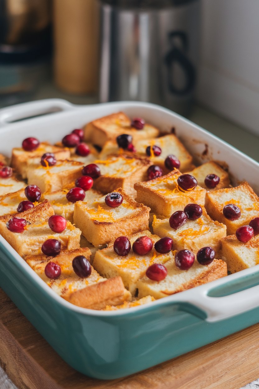 Indoor photo of a casserole dish filled with baked French toast cubes studded with cranberries and orange zest, no text or logos present