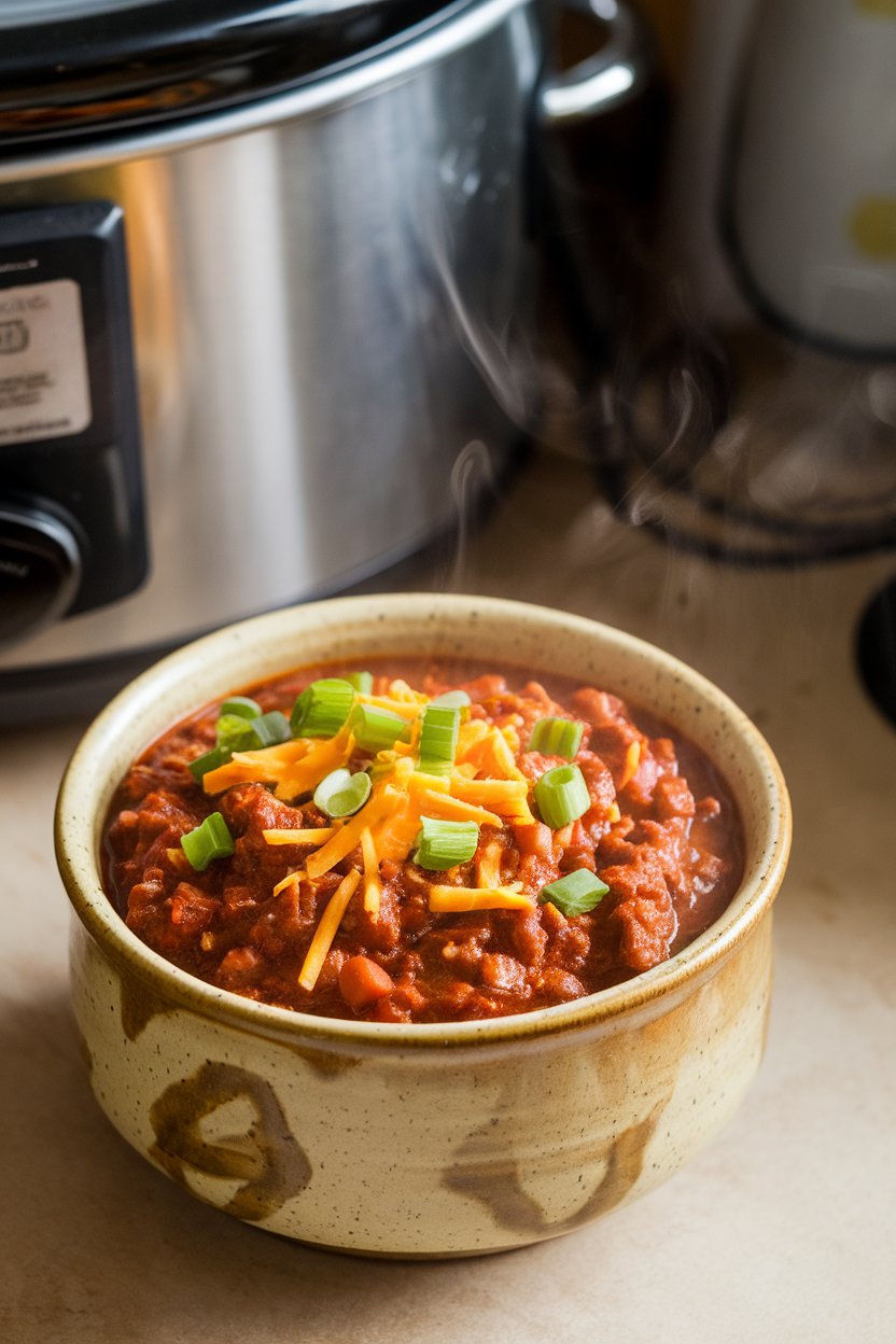 Indoor kitchen counter with a ceramic bowl of hearty beef chili topped with shredded cheddar and chopped scallions, steam visible. A slow cooker in the background. No logos or text.