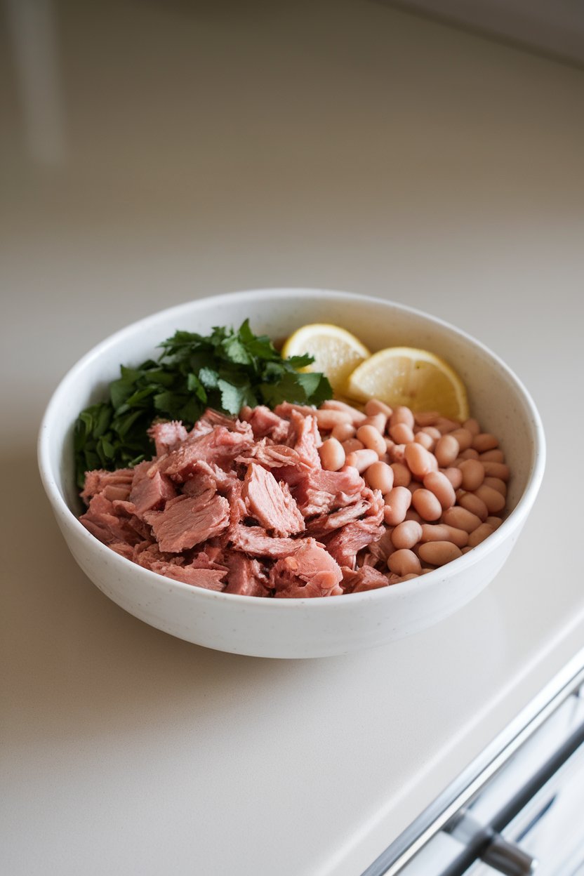 Photo of a white bowl holding flaked canned tuna, cannellini beans, chopped parsley, and lemon vinaigrette, set on an indoor countertop. No text or logos.