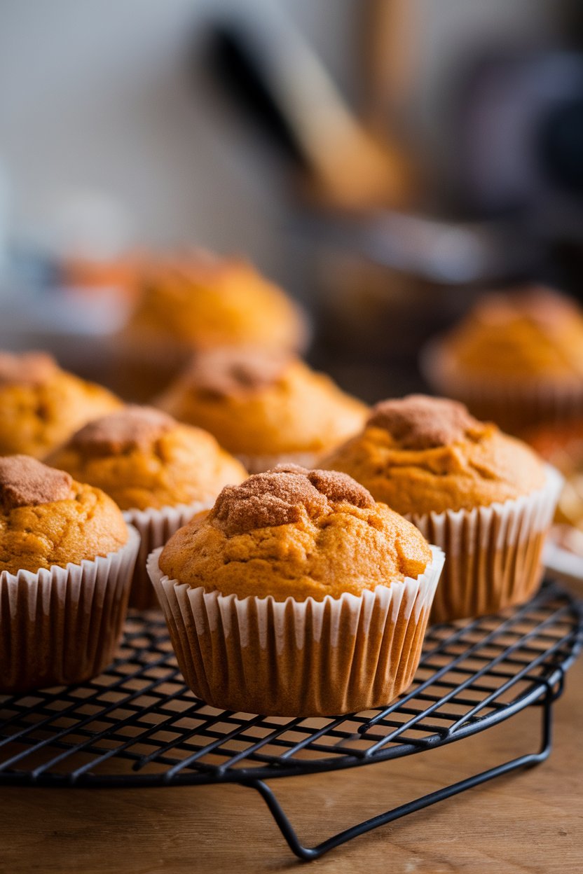 Indoor photo of pumpkin muffins on a wire rack, cinnamon sugar sprinkled on tops; no text or logos.