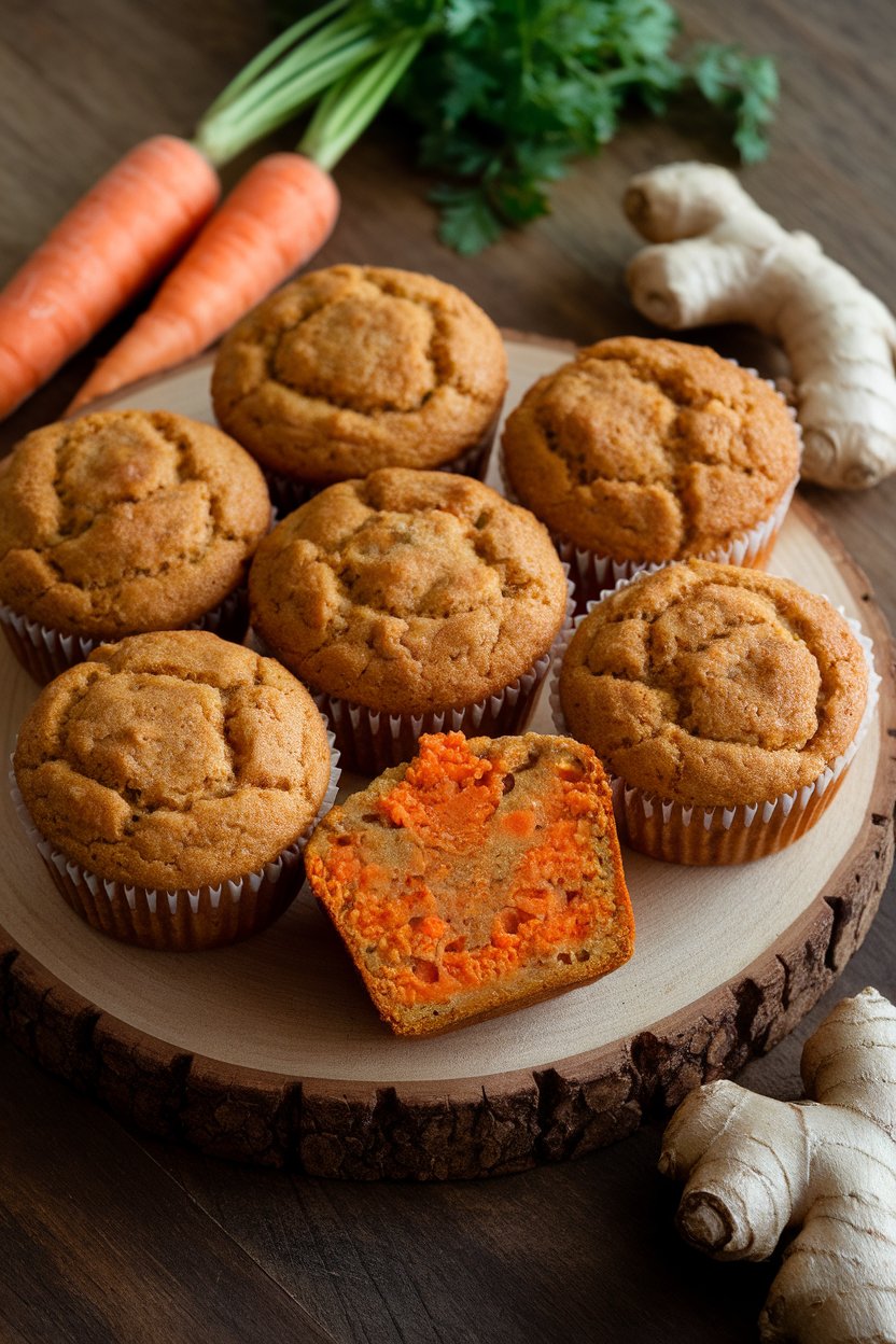 A wooden board indoors lined with moist carrot ginger muffins, one sliced to show flecks of carrot. No text or logos; photo only.
