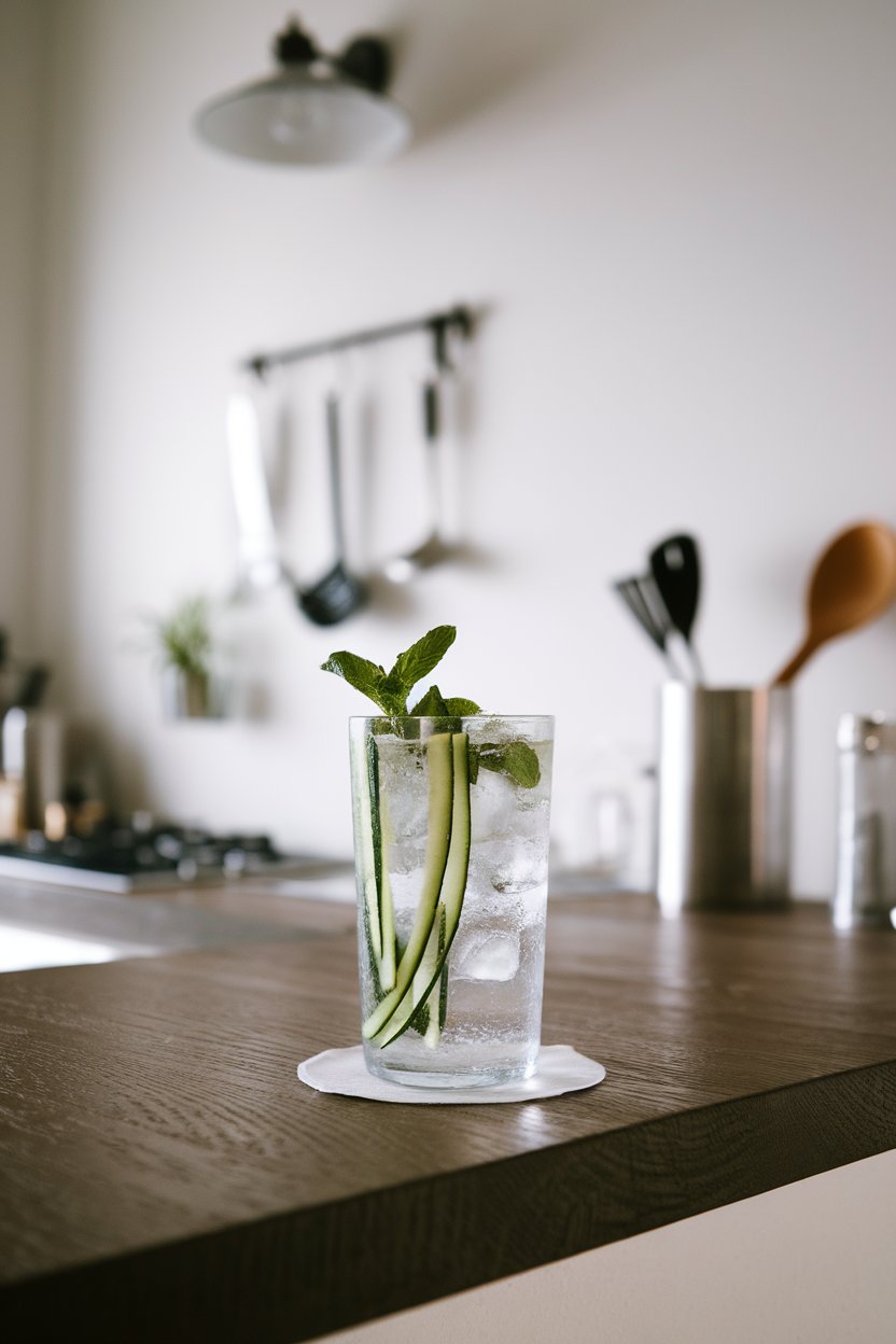 A modern indoor kitchen counter featuring a tall Collins glass with thin cucumber ribbons, mint sprigs, and clear sparkling water over ice. No text or logos present. Photo, not illustration.