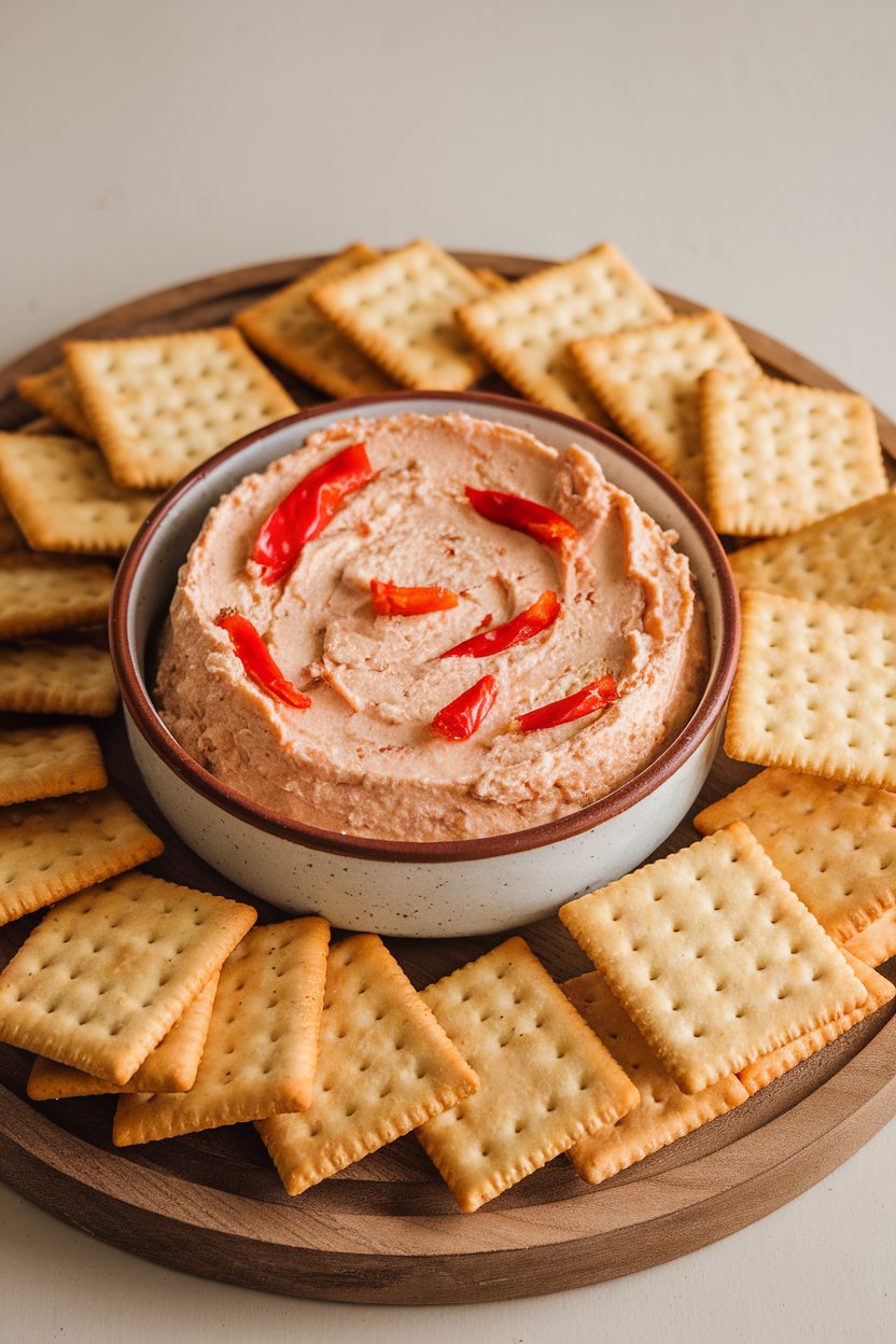 Indoor ceramic bowl of creamy pimento cheese studded with red peppers, surrounded by buttery crackers. No text or logos.