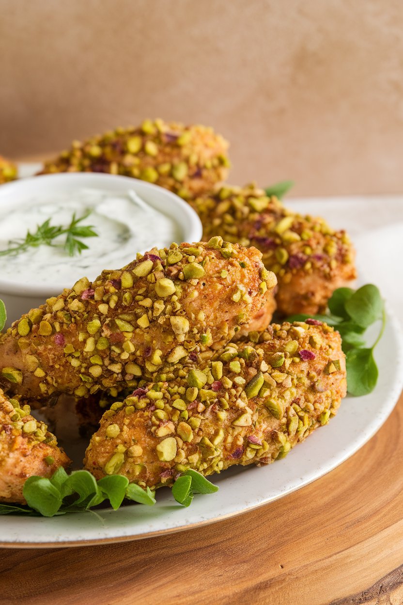 Photo of baked chicken tenders coated in crushed pistachios, served with a yogurt herb dip on a platter indoors. No text or logos.