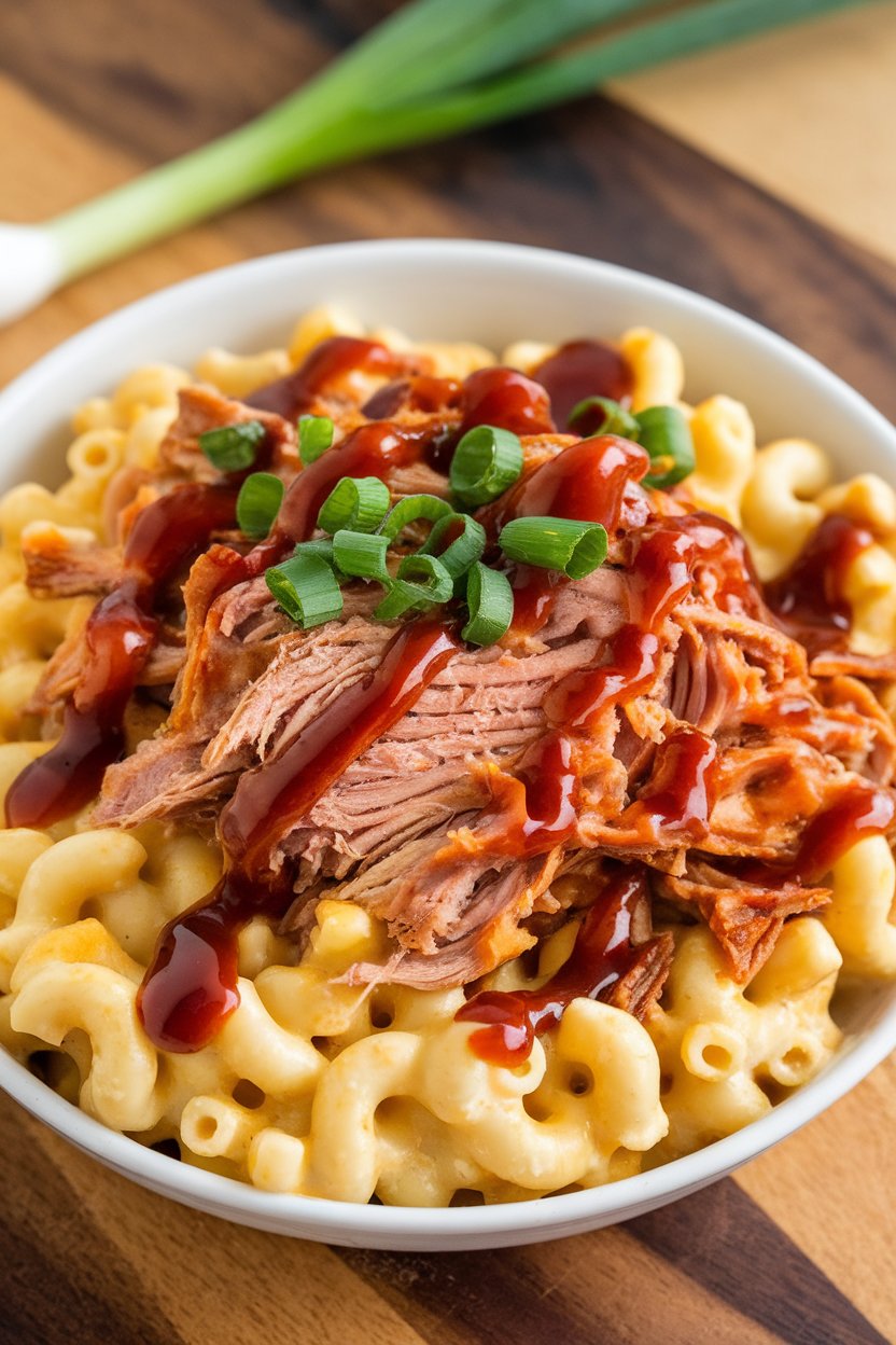 Indoor photo of creamy macaroni covered with strands of pulled pork and a drizzle of barbecue sauce, cheese melted and slightly browned. No visible text or logos.