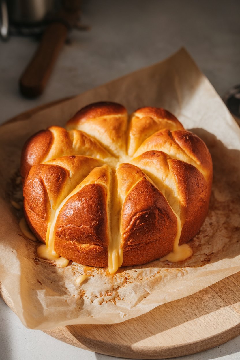 Indoor photo of a round loaf of pull-apart bread with melted cheese oozing between scored slices, set on parchment. No text or logos.