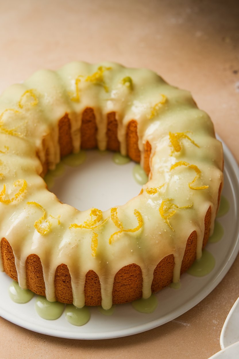 Photo indoors of a ring cake drizzled with pale green key-lime glaze and sugared zest; no text or logos.
