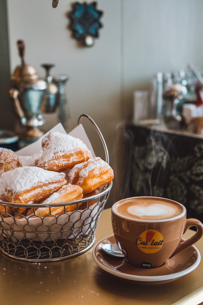 Indoor café-style photo of a basket of golden beignets blanketed in powdered sugar, a cup of café au lait nearby, steam faintly rising. No text or logos.