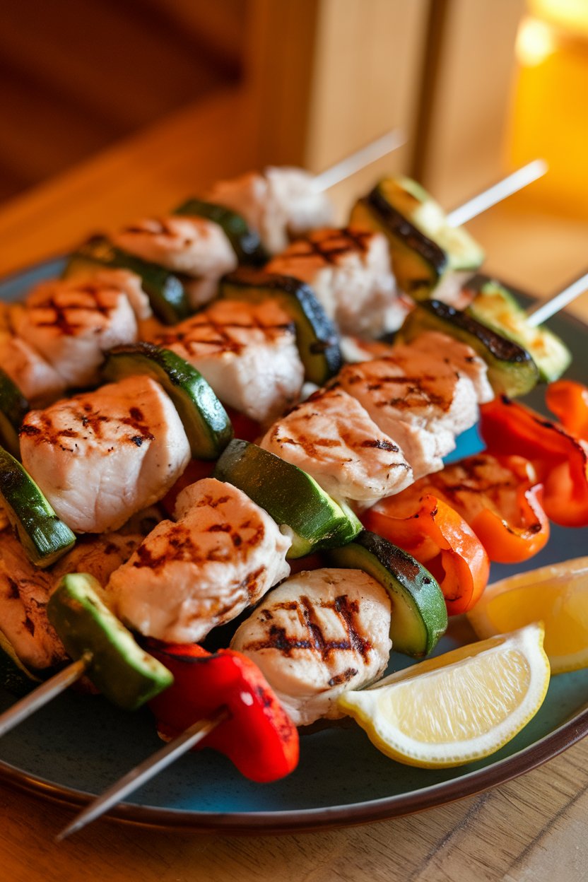 Indoor photo of cooked chicken, zucchini, and bell pepper skewers resting on a platter with lemon wedges. No text or logos.