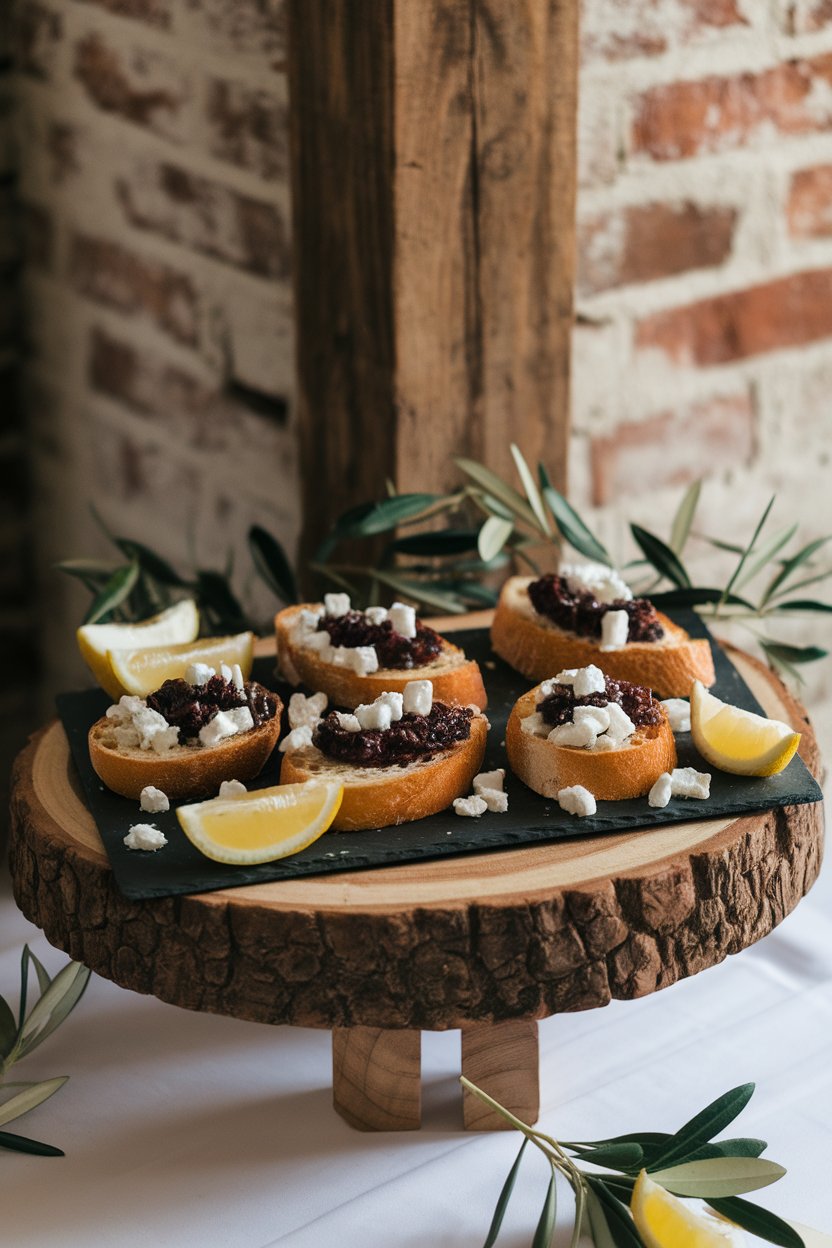 An indoor slate board with toasted baguette slices topped with dark olive tapenade, feta crumbles sprinkled on top. No logos or text.