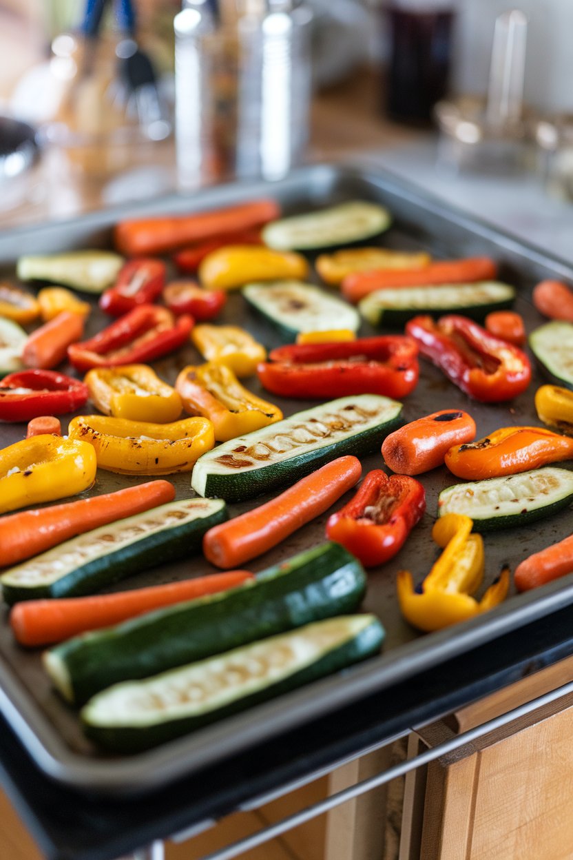 Indoor baking sheet of assorted roasted vegetables—zucchini, carrots, bell peppers—lightly charred. No text or logos.