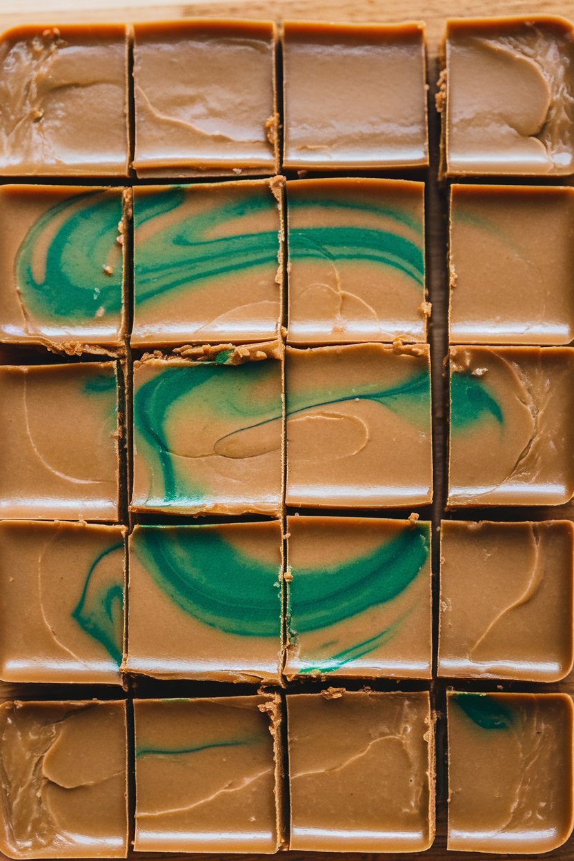 An indoor cutting board with rectangular blocks of caramel-colored fudge, faint green swirl on top, no text or logos. Photo only.