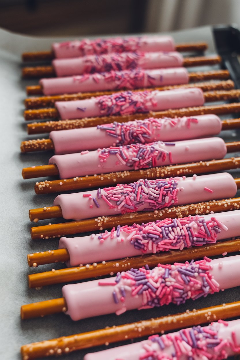 A row of pretzel rods half-dipped in pink-tinted white chocolate, sprinkles added, resting indoors on parchment. Photo, no text or logos.