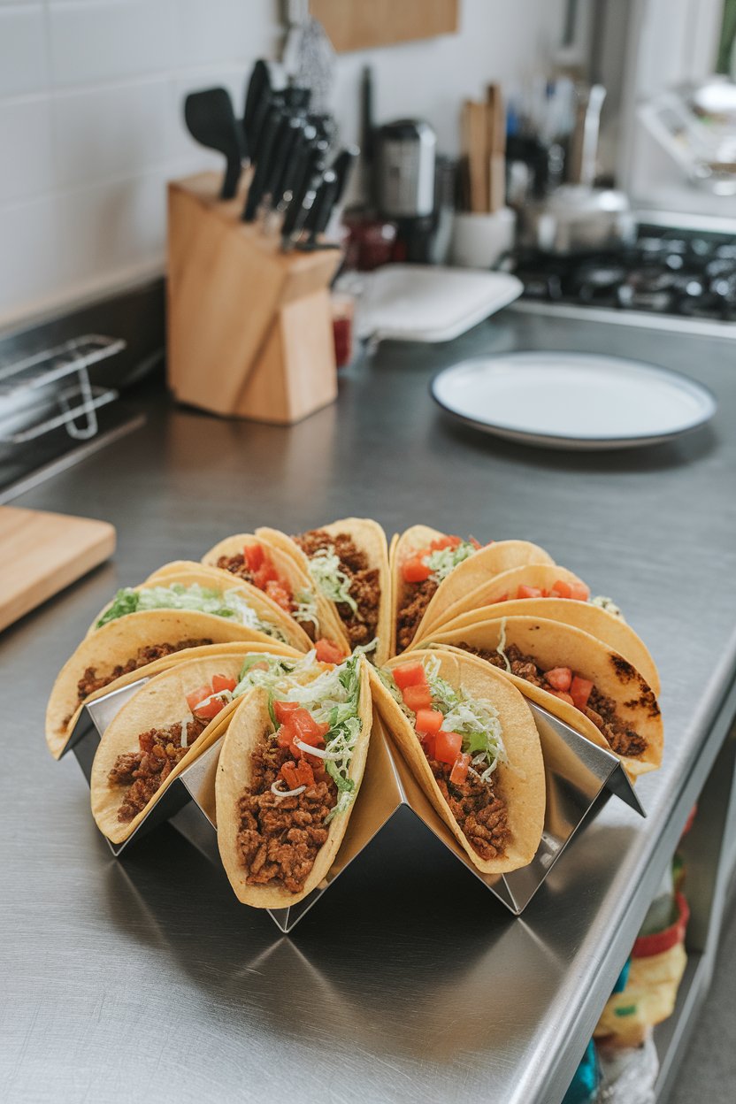 An indoor kitchen counter featuring hard shell tacos filled with seasoned beef, shredded lettuce, and diced tomatoes, arranged in a taco holder. No text or logos. Photo, not illustration.